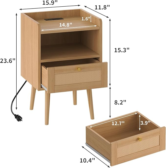 Night Stand Set 2, Nightstands Set of 2 with Charging Station, Rattan Side Tables with Solid Wood Legs, Boho Bedside End Table for Farmhouse Bedroom Dorm Small Space - Natural