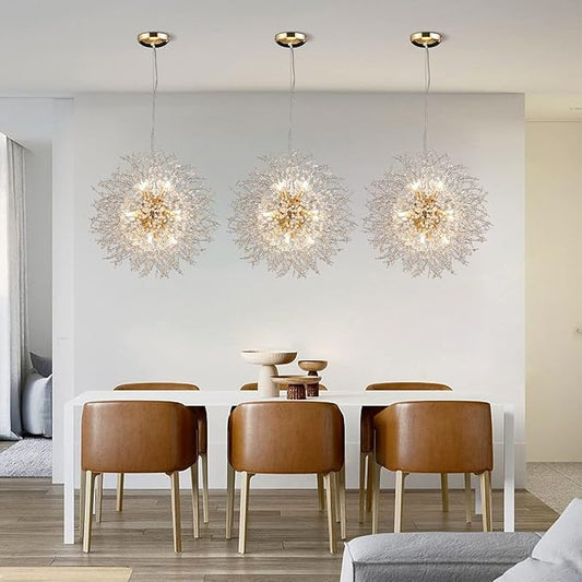 Firework Chandelier Gold, 12-Light Modern Crystal Chandelier Dandelion, 21.6" Stainless Steel Sputnik Pendant Hanging Light for Dining Room Bedroom