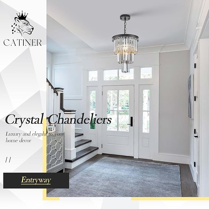 Black 3 Tiers Crystal Pendant Light, 3 Pack Mini Smoke Gray K9 Crystal Chandelier Modern Pendant Light Fixture for Kitchen Island Dining Room Hallway Bedroom Closet