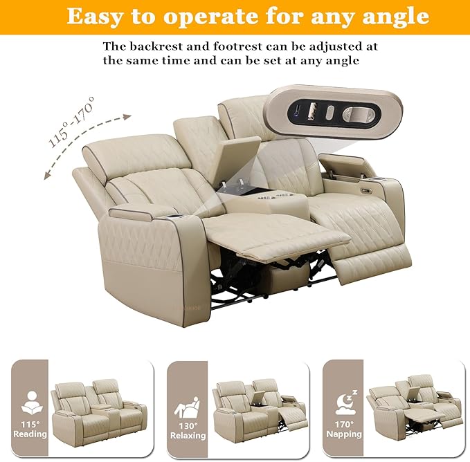 Power Recliner Sectional Sofa Set with LED, Luxury Breathing Leather Sectional Reclining Corner Couch Set, L-Shaped Sofa Couch Set with Cup Holders/Storage for Living Room