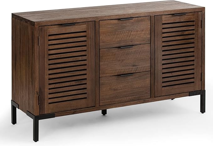 Bme Millie Solid Wood Sideboard Storage Cabinet with Storage, Pre-Assembled with 3 Drawers & 2 Doors, Adjustable Shelves
