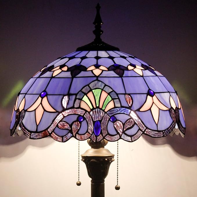 WERFACTORY Tiffany Floor Lamp Blue Purple Baroque Stained Glass Standing Reading Light 16X16X64 Inches Antique Pole Corner Lamp Decor Bedroom Living Room Home Office S003C Series