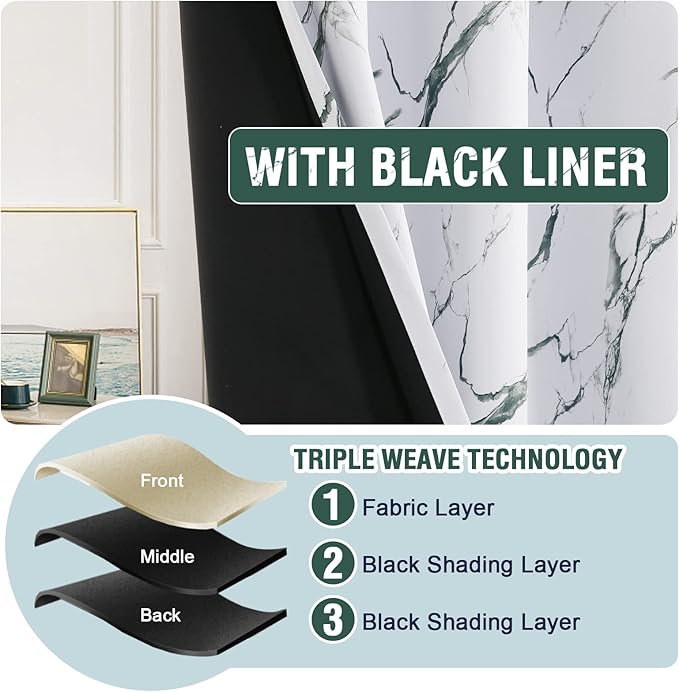 H.VERSAILTEX 100% Blackout Curtains 96 inch Length 2 Panels Set Marble Designs Printed Drapes Thermal Curtains for Bedroom with Black Liner Sound Proof Curtains, Antique Green