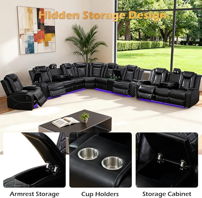 Leather Power Recliner Sectional Sofa Set with LED Light,L Shaped Leather Couch Set with 5 Recliner Seats,Modular Couch with USB Ports for Living Room Furniture(Black, Sectional+Sofa+Chair)