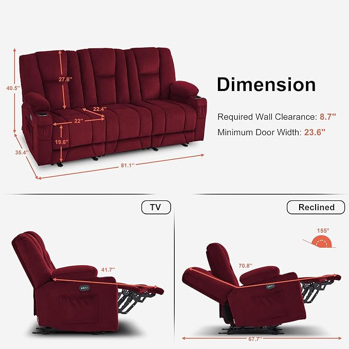 MCombo Zero Gravity 3 Seater Power Reclining Sofa with Heat and Vibration Massage, Recliner Couch for Living Room, Fabric 6035SET (Burgundy, 3 Seater)