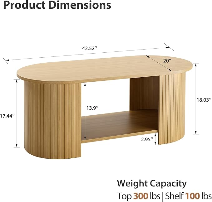 Oval Fluted Coffee Table, 2-Tier Center Table with Large Storage, Mid-Century Modern Wood Coffees Table for Living Room, Home Office, Small Space, Oak