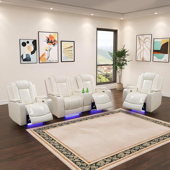 Power Leather Recliner Sofa Set with LED Light,Reclining Loveseat and 2*Chairs Set with Storage Console/USB Port/Cup Holder,Leather Couch for Living Room Furniture(2+1+1 Seats,Cream Stripes)