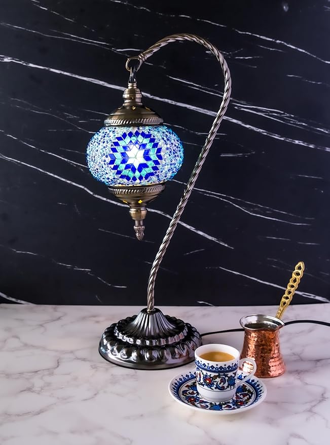 KRAFTSTORIES DIY Turkish Mosaic Lamp Craft Kit| Large Swan Neck Making Kit for Adults| Family Couple Relaxing Creative Activity Gift| Moroccan Table Lamp| Make Your Own Lamp (Blue)