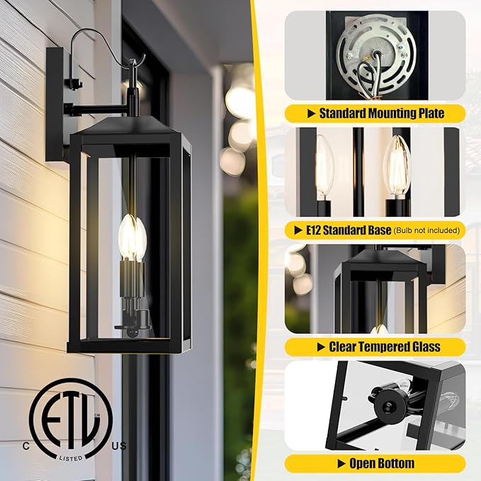 18'' Large Dusk to Dawn Outdoor Lighting, Exterior Sensor Outdoor Wall Lights, Industrial Front Porch Light with Clear Glass, Waterproof Matte Black Anti-Rust Outdoor Lights for House Garage