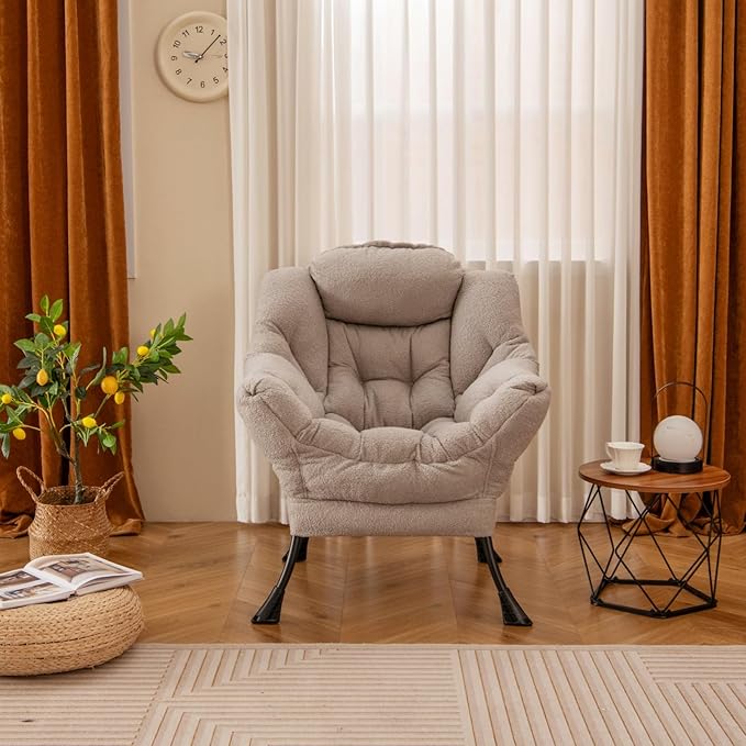GORELAX Modern Lazy Chair,Upholstered Lounge Accent Chair, Single Leisure Sofa Chair with Armrests & Side Pocket, Comfy Reading Chair for Bedroom, Living Room, Dorm Room (Plush Grey)