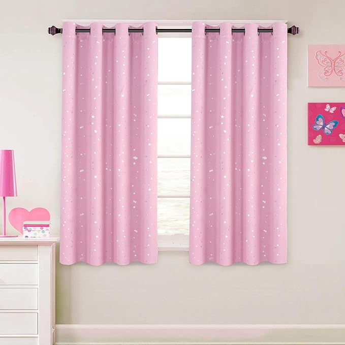 H.VERSAILTEX Blackout Star Curtains for Kids Room Boys Girls Twinkle Silver Stars Full Light Blocking Cute Thick Soft Curtain Drapes, Grommet Top, 2 Panels, 52" W x 63" L, Pink
