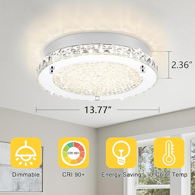Flush Mount Crystal Ceiling Light Modern LED Ceiling Light Fixture Flush Mount 13 Inch Kitchen Ceiling Light for Bedroom, Laundry Room, Hallway, Balcony, Dimmable 3000K/4000K/5000K