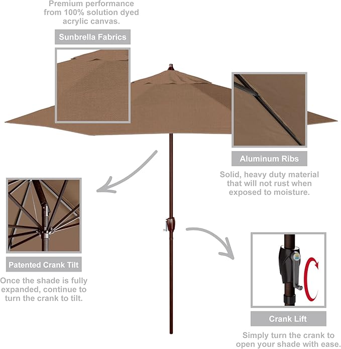 California Umbrella 12-Year Protection 9-Ft Outdoor Patio Umbrella, Sunbrella Fade-Resistant Acrylic Fabric, Auto Tilt and Crank, Heavy-Duty Aluminum Frame/ Reinforced Ribs, Bronze Pole, Heather Beige
