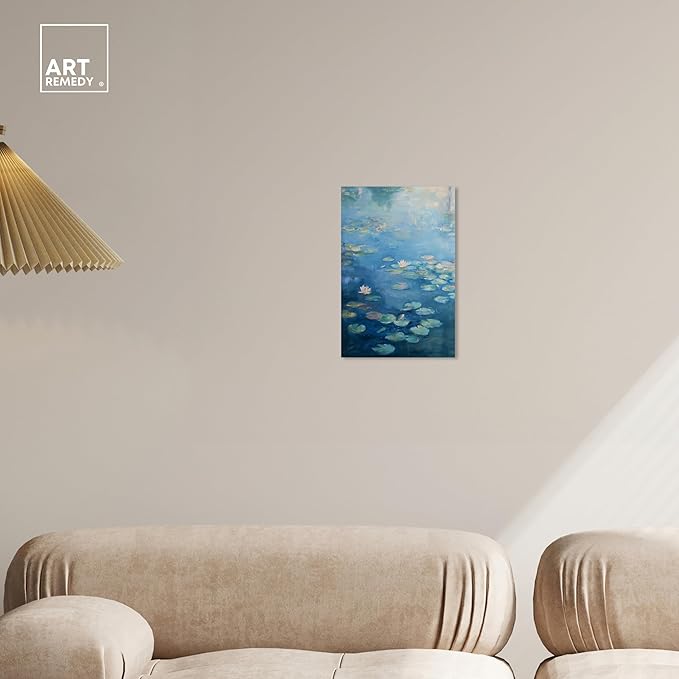 Art Remedy Lilypads In Blues Gallery Wrapped Impressionism 1 Piece Canvas Wall Art/Monet And Van Gogh Inspired Art, 10" x 15", Gallery Wrapped
