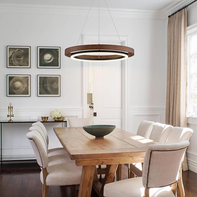 Modern LED Wooden Chandelier, 24" Dimmable 1-Ring Round Farmhouse Walnut Color Circular Dining Room Light Fixtures for Entryway Kitchen Foyer Living Room