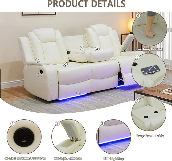 Power Recliner Sofa Set with LED, Breathing Leather Living Room Set 3 Piece, Reclining Couch and Two Chair with USB Port&Storage Console (Cream White)