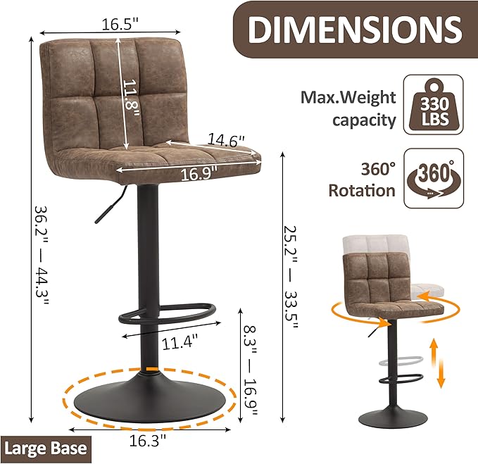 Finnhomy Bar Stools Set of 2 Counter Height, Swivel Barstools with Footrest and L Shape Thicken Cushion Back, Height Adjustable Modern Bar Chairs, Vintage Leather, Retro Brown