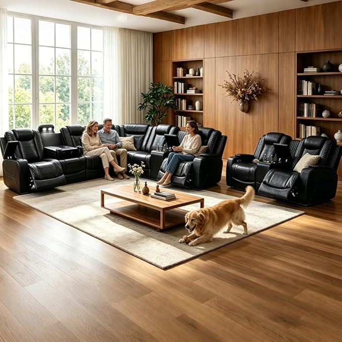 Power Reclining Sofa Set with LED Light, Living Room Furiture Set,Leather Reclining Sectional Couch with USB Port/Cup Holder for Living Room Home Office