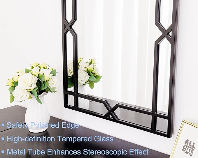 Chende Large Living Room Mirror for Decor, 28" x 40" Rectangle Bathroom Mirror with Matte Black Metal Pipe Frame, Modern Wall Decorative Mirror for Hallway, Dining Room, Bedroom