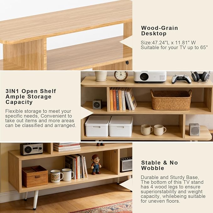 Lightdot TV Stand for TVs up to 45'', Modern Entertainment Center with 3 Open Storage Shelf, Sturdy Media Console Table for Living Room/Entrance/Sofa Cabinet, Large Capacity, Easy Installation-Walnut
