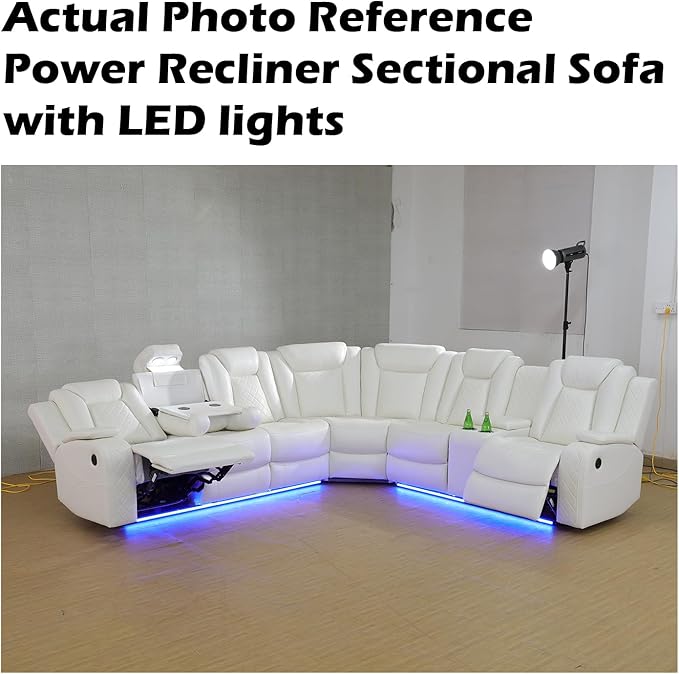 Power Reclinier Sectional Sofa,White Leather Reclining Sectional Modular Sofa,L Shaped Leather Couch with LED Lights/USB Charger/Cup Holders/Storage Console/Storage Armrest/Coffee Table(L)