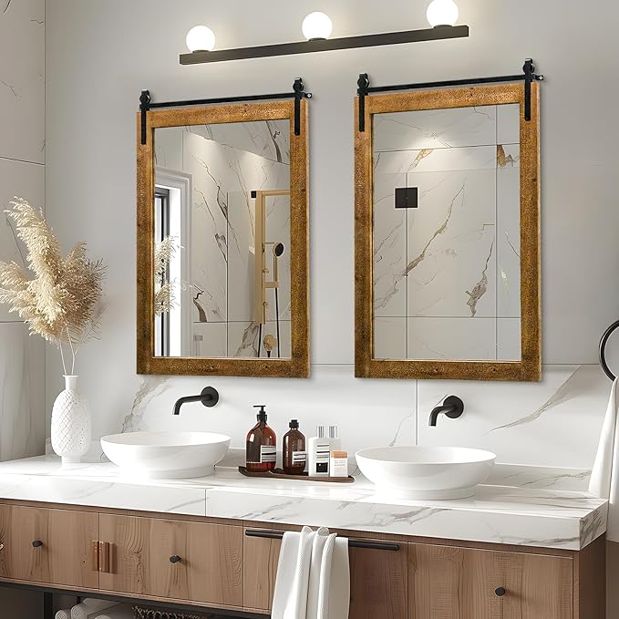 Farmhouse Barn Door Mirror, 25" x 38" Rustic Bathroom Mirror, Wood Framed Wall Mirrors, Rectangular Decor Mirrors for Living Room, Bedroom, Entryway, Brown