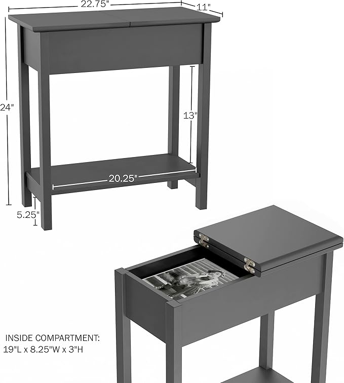 Lavish Home Flip Top End Table – Set of 2 Living Room End Tables with Hidden Hinged Storage Compartment and Lower Shelf (Gray)