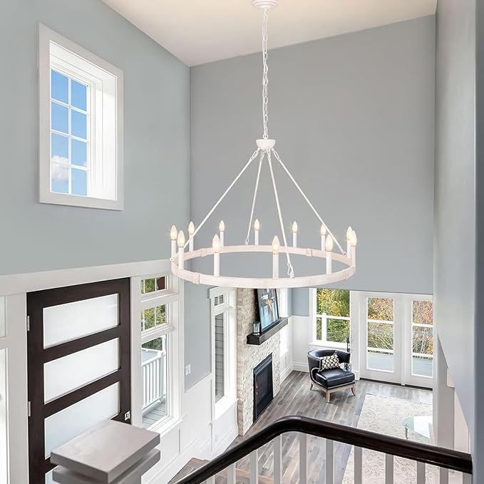 White Wagon Wheel Chandelier 37.4 inch, 12-Light Large Round Industrial White Farmhouse Chandeliers for Living Room Dining Room Foyer Entryway Outdoor Porch High Ceilings