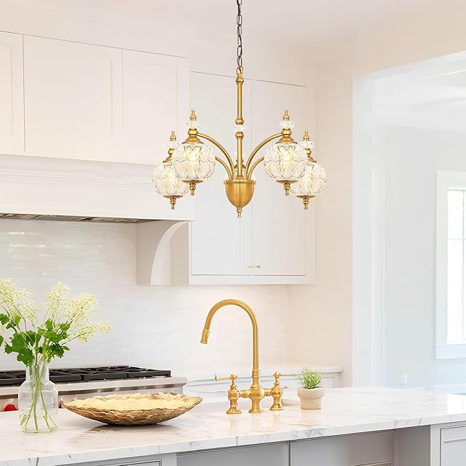 Vintage Brass Chandelier - Adjustable Height Dining Room Light Fixture with Handcrafted Blown Glass - 5-Light E26 Base, Ideal for Kitchen, Entryway, Bedroom, Enhances Luxury Home Decor for Discerning