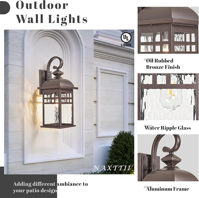 2-Pack Outdoor Wall Lights Fixtures ORB Finish Aluminum Porch Lights Outdoor with Water Ripple Glass Waterproof Outside Lights for House Front Door Garage E26 Socket