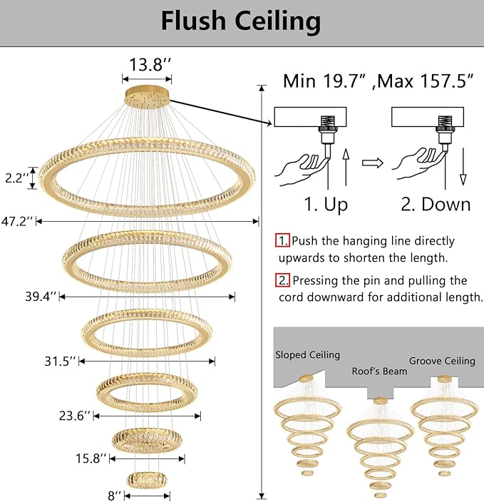 Modern Chandelier 8"+16"+24"+32"+40"+47" 6 Rings Crystal LED Dimmable Lighting Foyer Entryway High Ceiling Living Room Chanderliers Pendant Lights Fixtures Gold Light