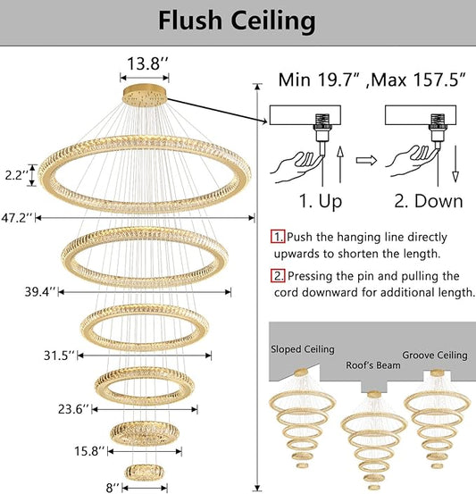 Modern Chandelier 8"+16"+24"+32"+40"+47" 6 Rings Crystal LED Dimmable Lighting Foyer Entryway High Ceiling Living Room Chanderliers Pendant Lights Fixtures Gold Light