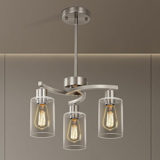 3 Light Brushed Nickel Modern Pendant Light, 16.5" Kitchen Island Lighting with Clear Glass Shade, Adjustable Dining Room Chandelier Over Table, Farmhouse Industrial Hanging Fixture