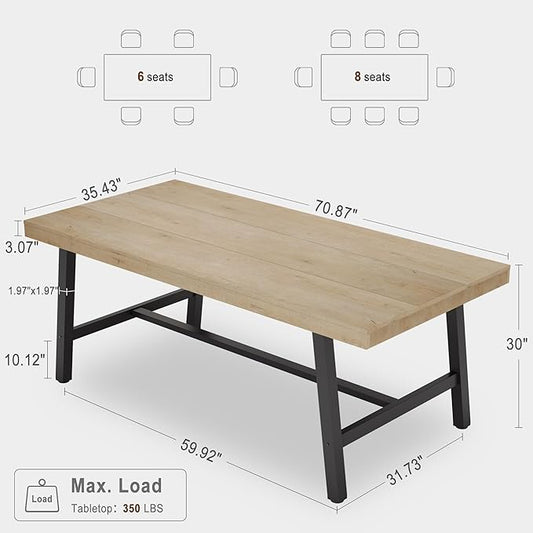 70” Large Dining Table for 6-8 People, Rustic Industrial Farmhouse Kitchen Table, Rectangle Wooden Dining Room Table with Heavy-Duty Metal Frame, Stable & Waterproof for Home, Kitchen, Dining Room