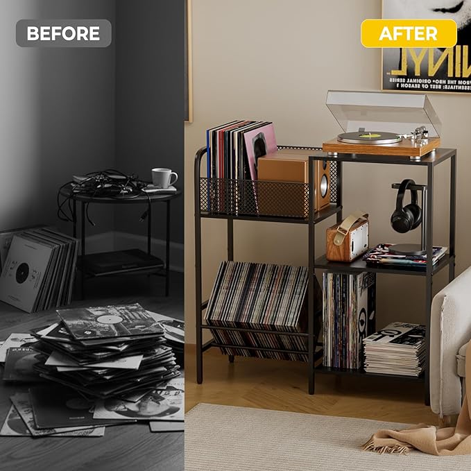 Record Player Stand with LED Light, Turntable Stand with Vinyl Storage - Up to 300+ Albums, 3-Tier Record Player Table Cabinet, Adjustable Shelf & V-Shaped Holder, Vinyl Display Shelf for Living Room
