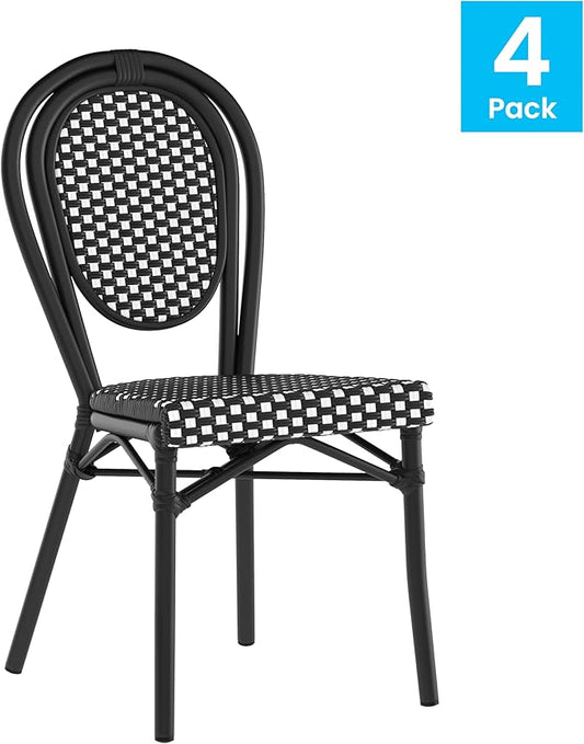 Flash Furniture Lourdes Indoor/Outdoor Commercial Thonet Bistro Stack Chair - Black/White PE Rattan Back and Seat - Black Metal Frame - Set of 4