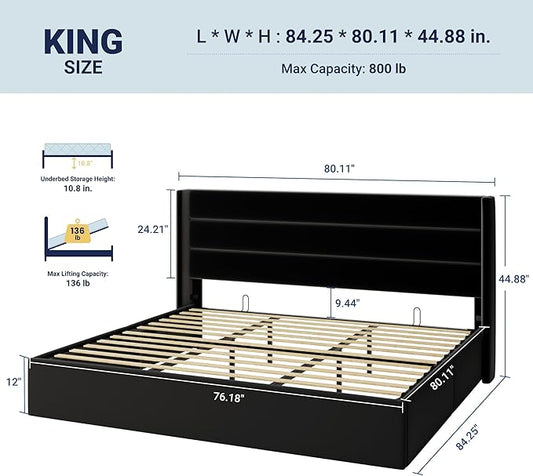 Allewie King Size Velvet Lift Up Storage Bed, Modern Wingback Headboard, Hydraulic Support, No Box Spring Needed, Black