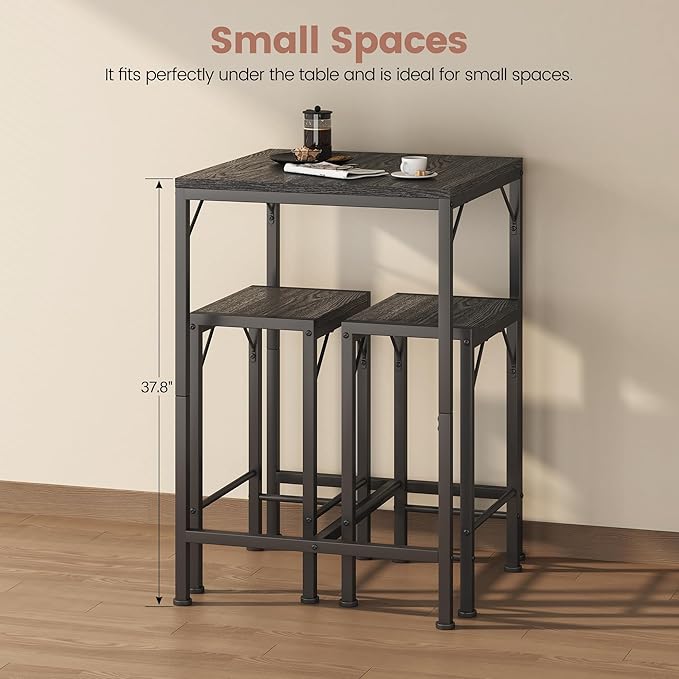Homeiju Bar Table and Chairs Set, Square Bar Table with 2 Stools, Space-Saving Dining Pub Set for 2, Perfect for Kitchen, Breakfast Nook, Living Room & Small Spaces