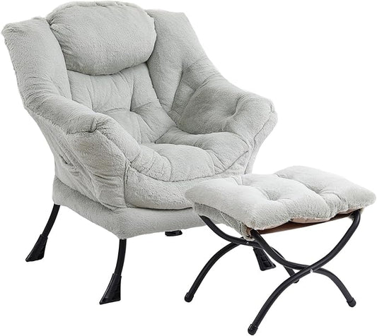 Lazy Chair with Ottoman, Modern Chair with Folding Footrest, Plush Green Accent Chair, Comfortable Reading Chair, Oversized Armchairs for Bedroom, Study, Living Room, Courtyard