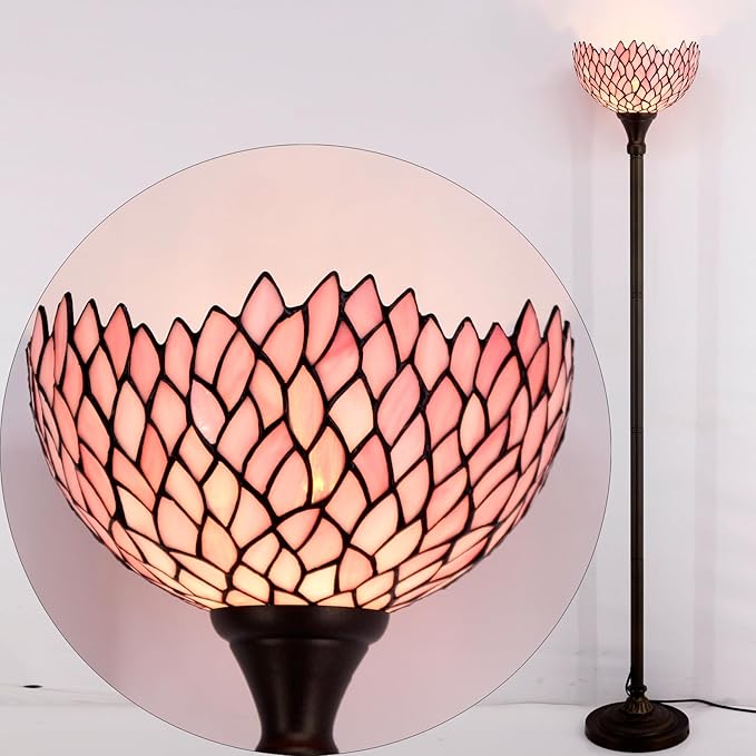 WERFACTORY Tiffany Floor Lamp Pink Stained Glass Wisteria Light 12X12X71 Inches Pole Torchiere Standing Corner Torch Uplight Decor Bedroom Living Room Home Office S523P Series