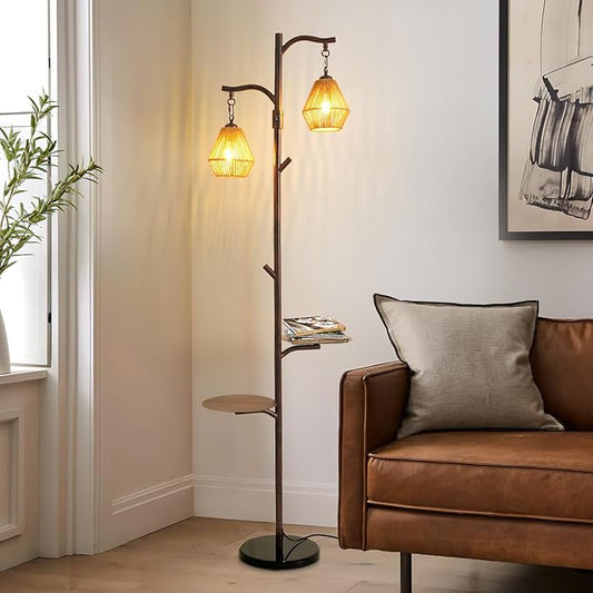 Hsyile Arc Floor Lamp with Cage Shade,Rattan&Fabric Boho Floor Lamps for Living Room Bedroom,Rust Color Industrial Dimmable Floor Light,Farmhouse Rustic Tall Lamp for Office Reading