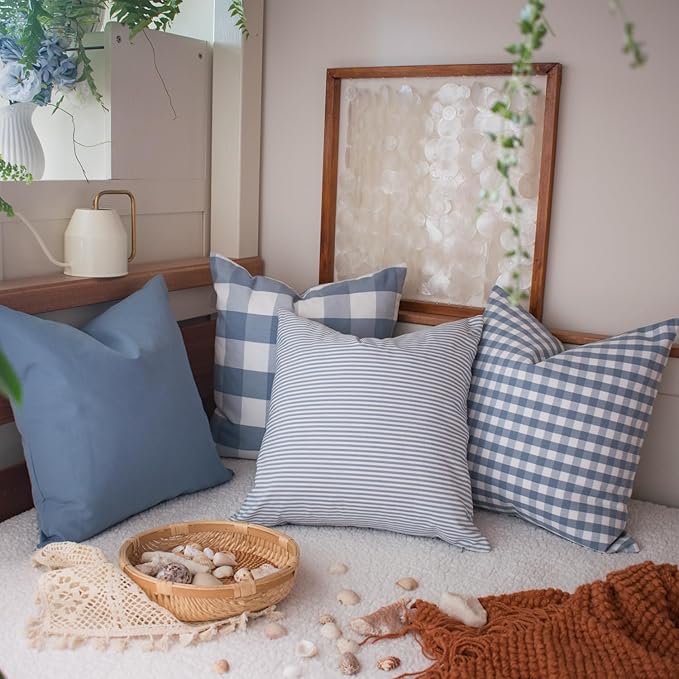 HOPLEE Light Blue Pillow Cover Cushion Cover with Buffalo Plaid, Solid Light Blue, Striped and Gingham Plaid Design 22x22 Inches,4 Pack