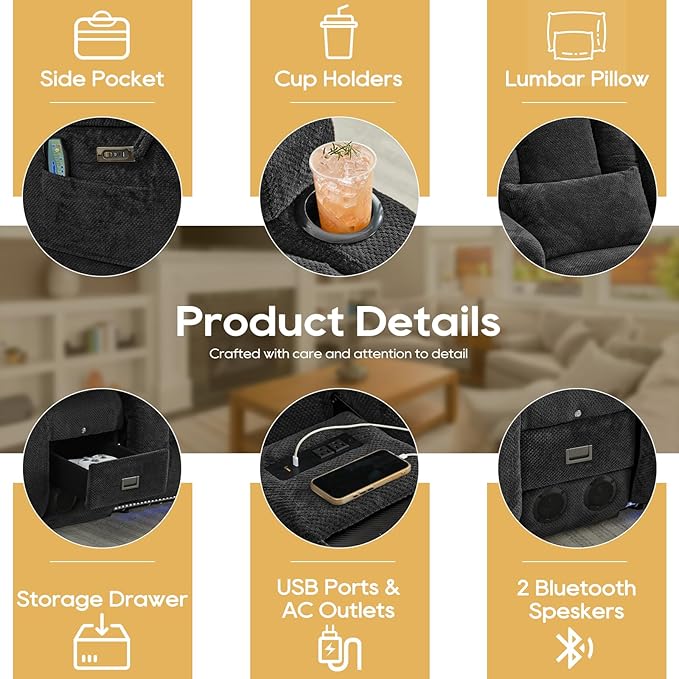 IPKIG Power Recliner Sofa with Flip-Up Backrest Console, USB & USB-C Ports, AC Outlet, LED Lights, Wall Hugger Recliners for Living Room, RV (Charcoal, 89" - 4 Seat) | Velvet Fabric, Zero Gravity, Dual Reclining, 2 Lumabr Pillow, Bluetooth Speakers