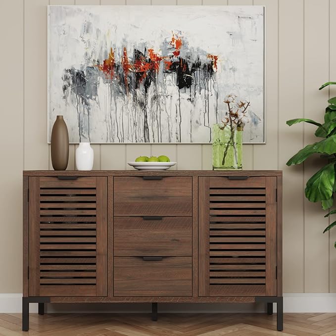 Bme Millie Solid Wood Sideboard Storage Cabinet with Storage, Pre-Assembled with 3 Drawers & 2 Doors, Adjustable Shelves