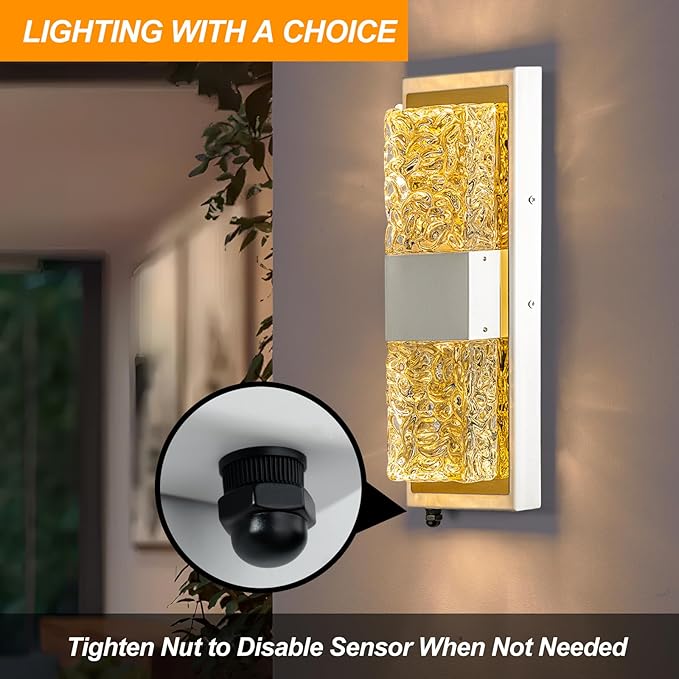 Dusk to Dawn Outdoor Lighting,Exterior Lighting Fixtures IP65 Waterproof Porch Lights Outdoor 12W LED Crystal Modern Outside Wall Sconce for Porch Hallway Doorway Patio,14.2'' White&Gold 2PCS