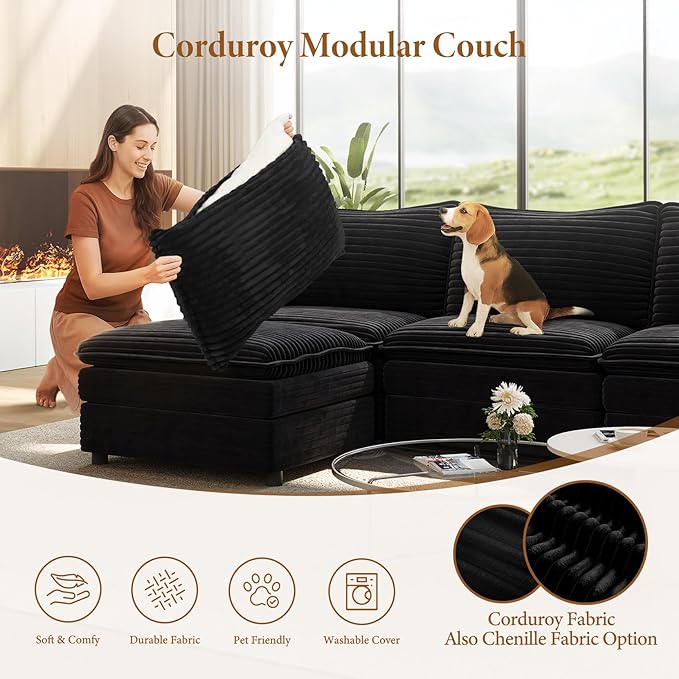 Vesgantti 108" Sectional Sleeper Sofa, 6-Seater Oversized Modular Cloud Couch with Movable Ottoman, Corduroy Large Sofa Bed Convertible Deep Seat Couches for Living Room, Bedroom and Apartment, Black | Sink-in Comfort, Height Adjustable, Easy Rearrange...