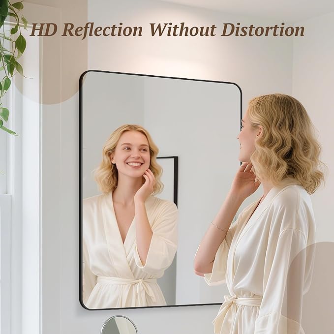 Bathroom Mirrors for Over Sink 55" x 30", Black Metal Frame Rounded Corner Rectangle Wall Mirror, Modern Farmhouse Vanity Mirror(Horizontal/Vertical)