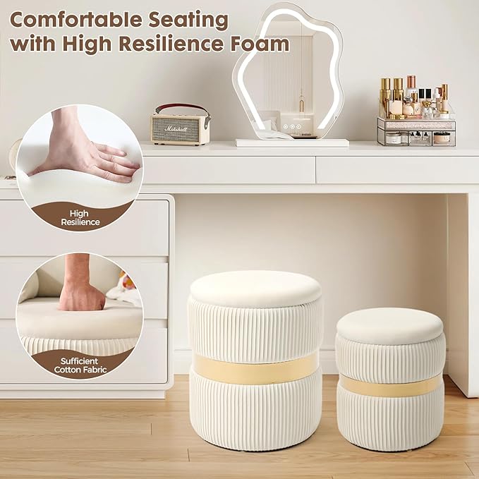 Velvet Round Ottoman with Storage Set of 2 for Livingroom Small Foot Stool Ottoman for Living Room Small Coffee Table Vanity Stool with Storage for Bedroom White