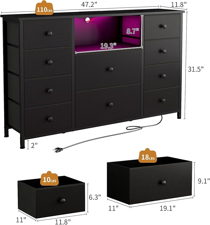 Dresser for Bedroom with 10 Drawers, Black Storage Organizer TV Stand for 55" TV with LED Lights and Sockets, Fabric Chest of Drawers with PU Finish for Kid Room, Entryway, Living Room, Hallway