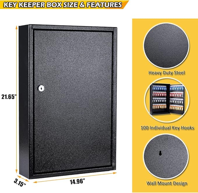 Furnishh Key Box Wall Mount 100 Position Metal Locking Key Cabinet Organizer with Key Tags Key Safe Security Storage Lockbox Holder for Valets, Hotels, Car and House Keys, Key Keeper Box - Black
